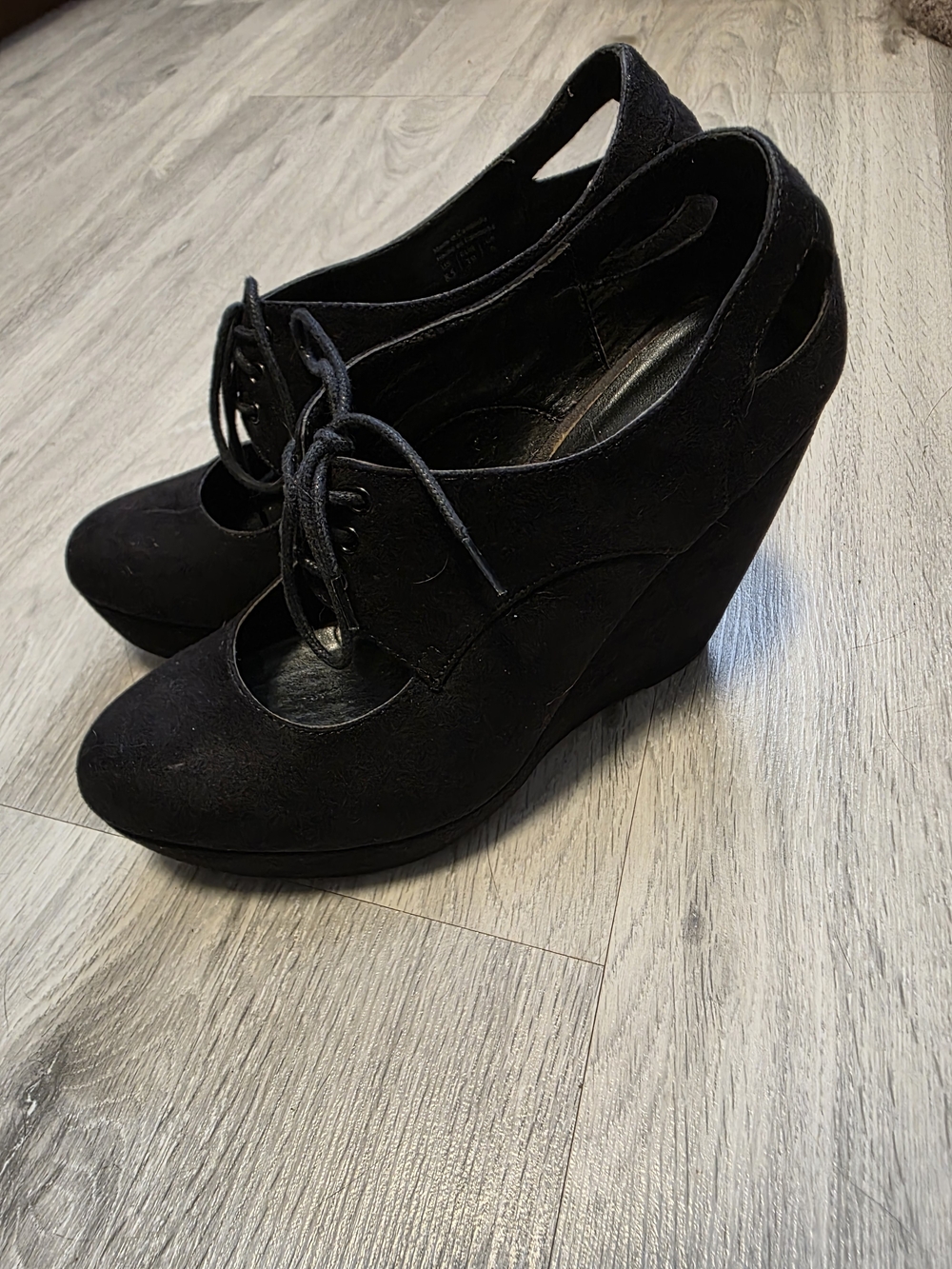 Black Lace-Up Wedge Pumps